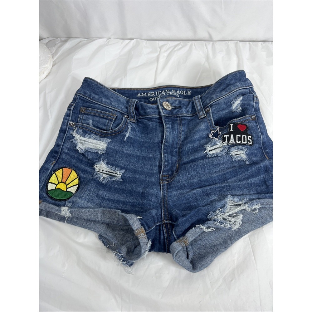American Eagle Womens High Rise Vintage Shorts 4 Embroidered Floral Boho Denim